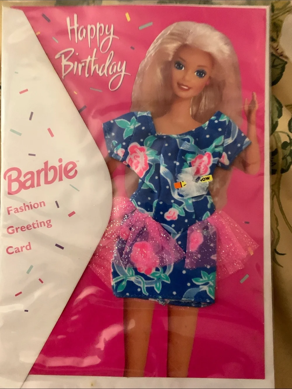 Vintage 1994 Barbie Pink Birthday Card with Doll Illustration in Blue Dress